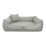 Legowisko belluno boucle light grey z miękkiej tkaniny boucle z poduszką i brązową skórzaną metką
