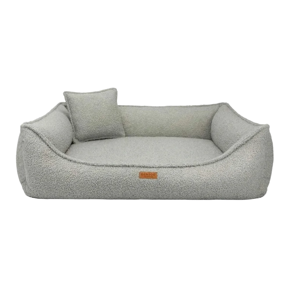 Legowisko belluno boucle light grey z miękkiej tkaniny boucle z poduszką i brązową skórzaną metką