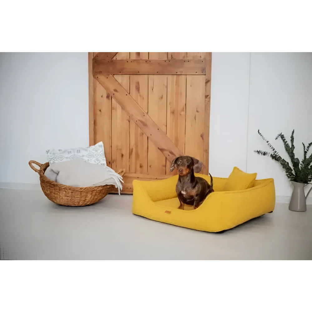 Żółte legowisko belluno boucle mustard z miękkimi, wyściełanymi krawędziami i przytulnym designem dla psa