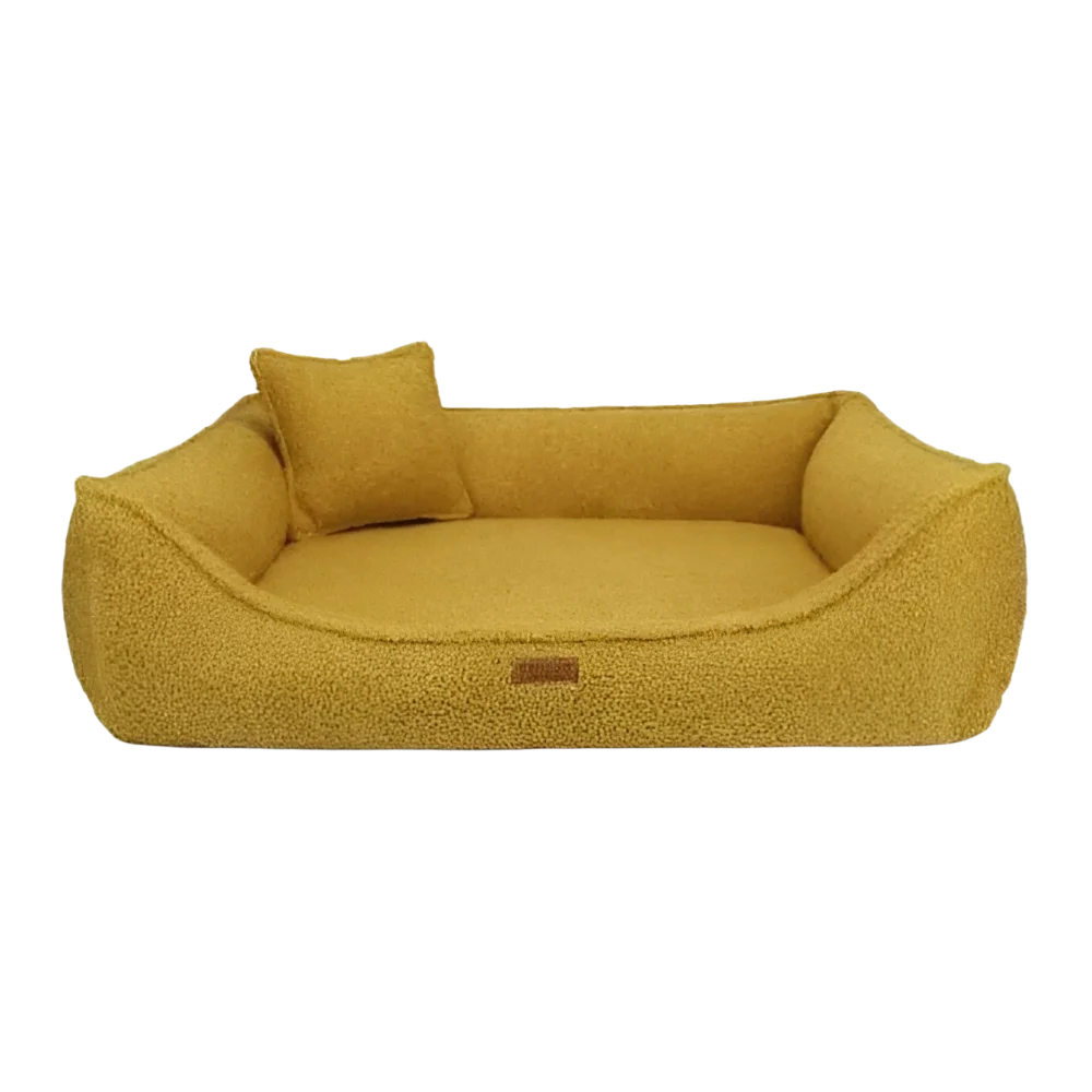 Legowisko belluno boucle mustard to przytulne, musztardowo-żółte legowisko dla psa z miękkiego tkanego materiału i poduszką