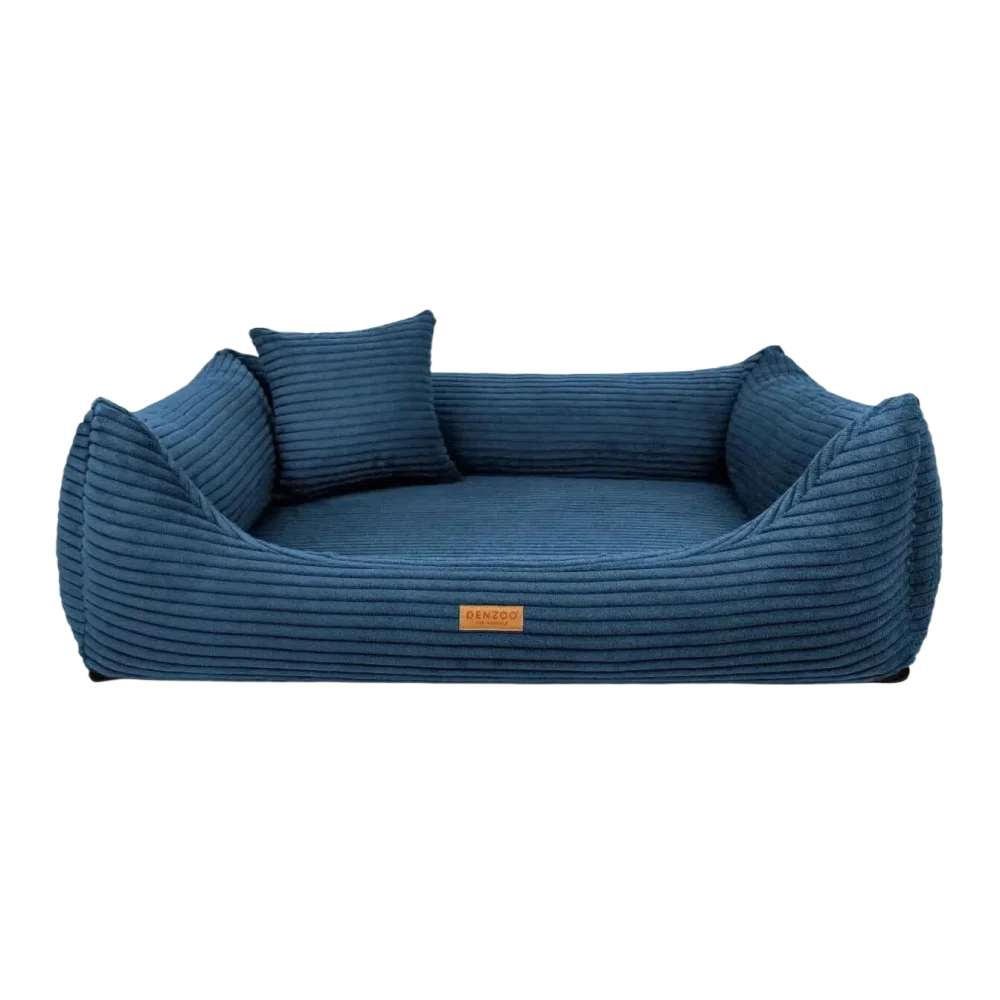 Legowisko dla psa i kota z materacem ortopedycznym rimini navy blue w granatowym sztruksie z poduszką i skórzaną metką