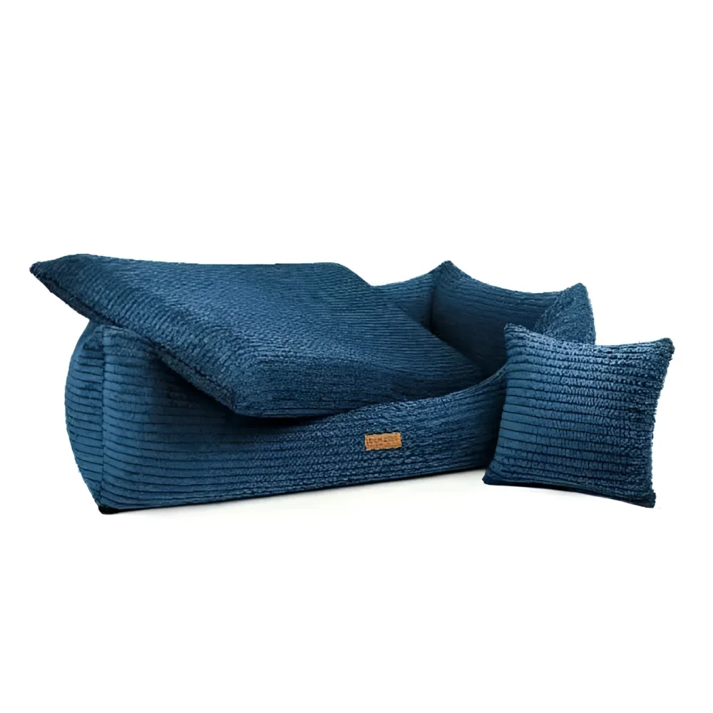 Deep blue corduroy legowisko dla psa i kota z materacem ortopedycznym rimini navy blue oraz poduszką i poduszeczką