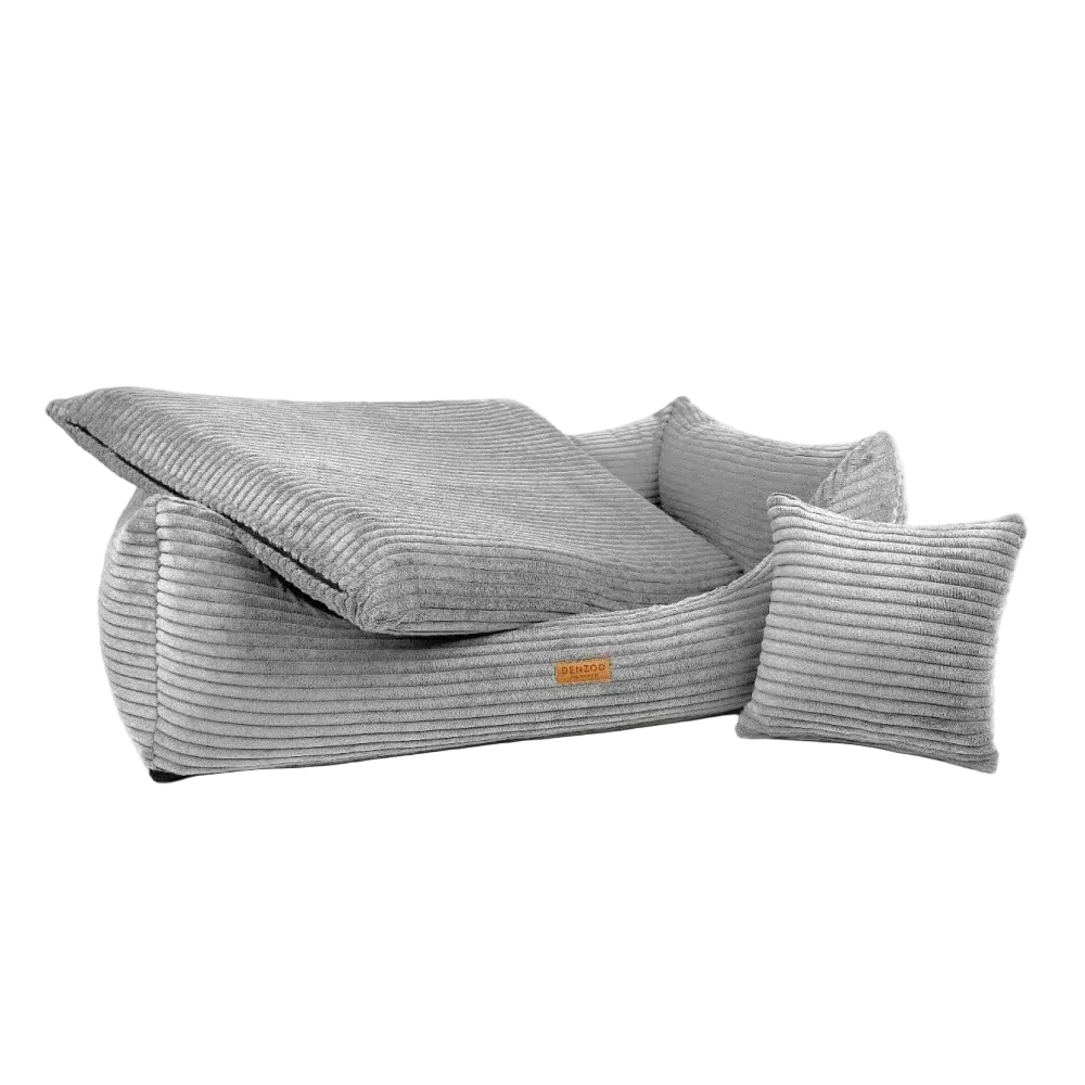 Legowisko dla psa i kota rimini light grey z materacem ortopedycznym z szarego sztruksu z poduszką i kocem
