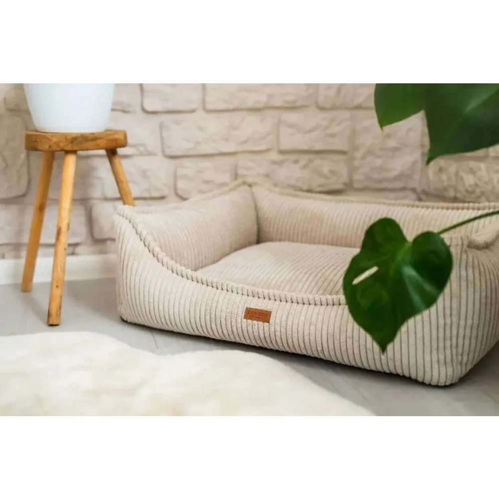 Beżowe legowisko dla psa i kota z miękką sztruksową tkaniną i materacem ortopedycznym rimini beige
