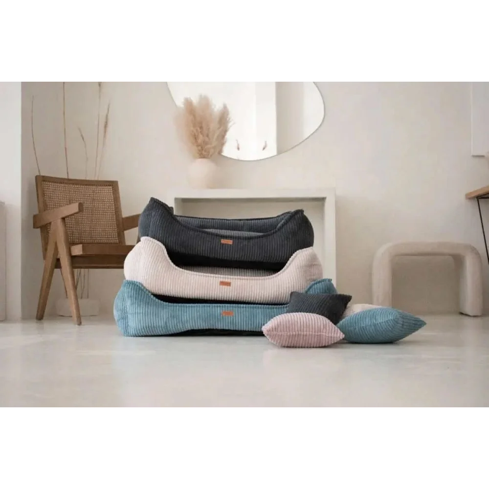 Stacked corduroy pet beds legowisko milano black in soft gray cream and teal with matching accent pillows