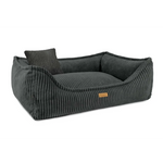 Dark gray corduroy legowisko milano dark dog bed with matching pillow and tan brand tag for comfortable rest