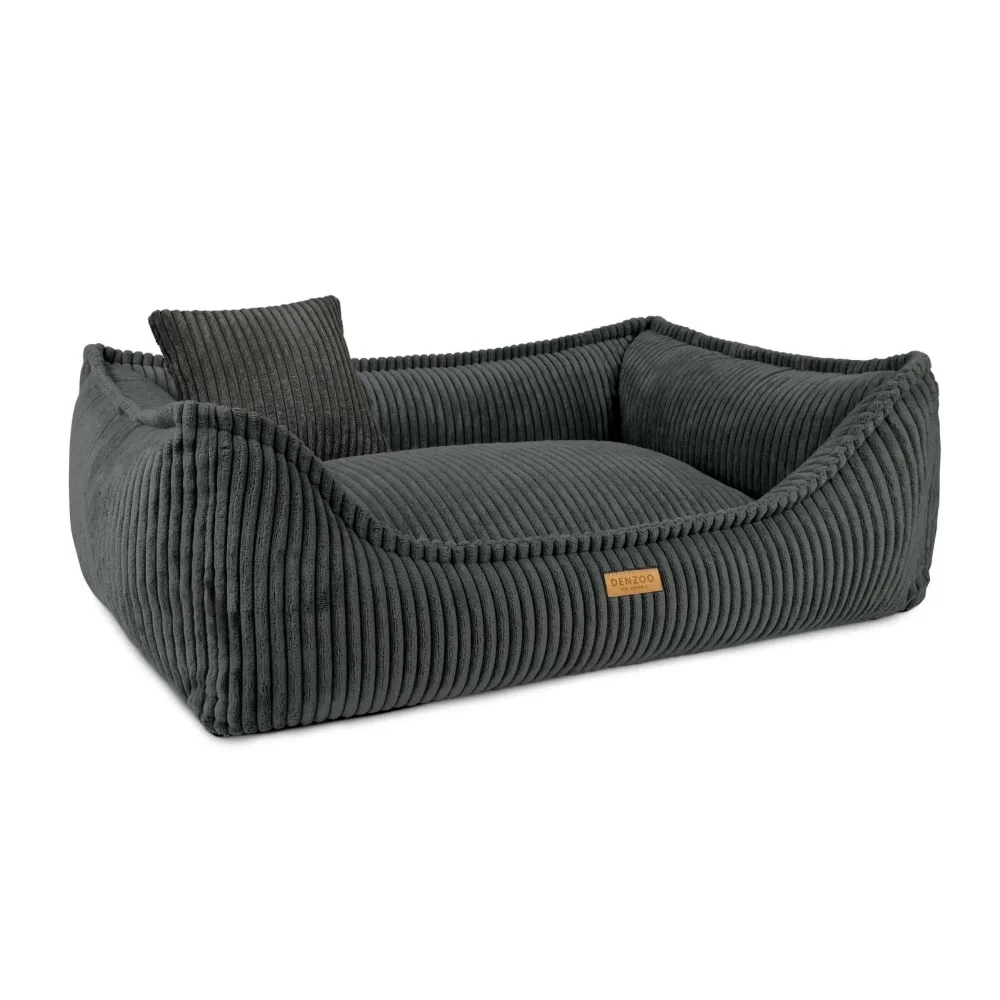 Dark gray corduroy legowisko milano dark dog bed with matching pillow and tan brand tag for comfortable rest