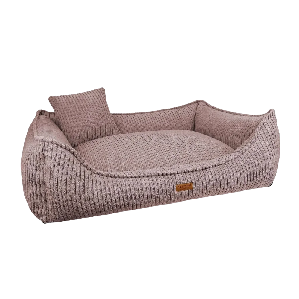 Cozy mauve-colored corduroy dog bed with matching pillow and stitched detailing in legowisko milano rose design