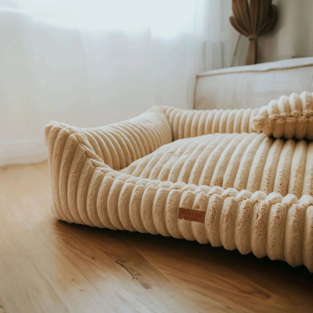 Cream-colored corduroy legowisko palermo beige with plush ribbed texture and soft cozy appearance for pets