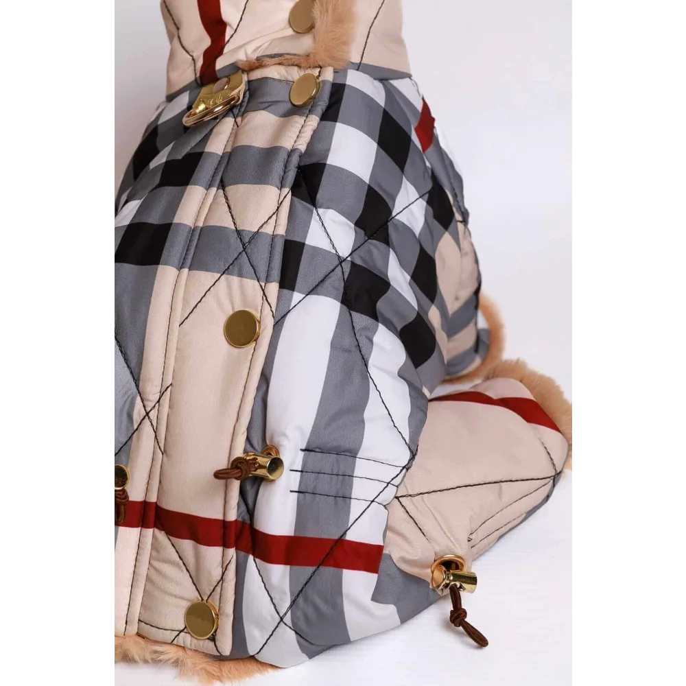 Louis royal quilted kombinezon dla psa in beige with fur lining featuring checkered pattern and gold buttons