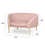Elegancka, różowo-beżowa aksamitna sofa dla zwierząt z nogami z metalu w złotym kolorze i subtelnym haftowanym logo na oparciu.