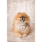 Fluffy tan pomeranian wearing a pastelowa chusta with a woven heart-shaped bandana dla psa from love coco