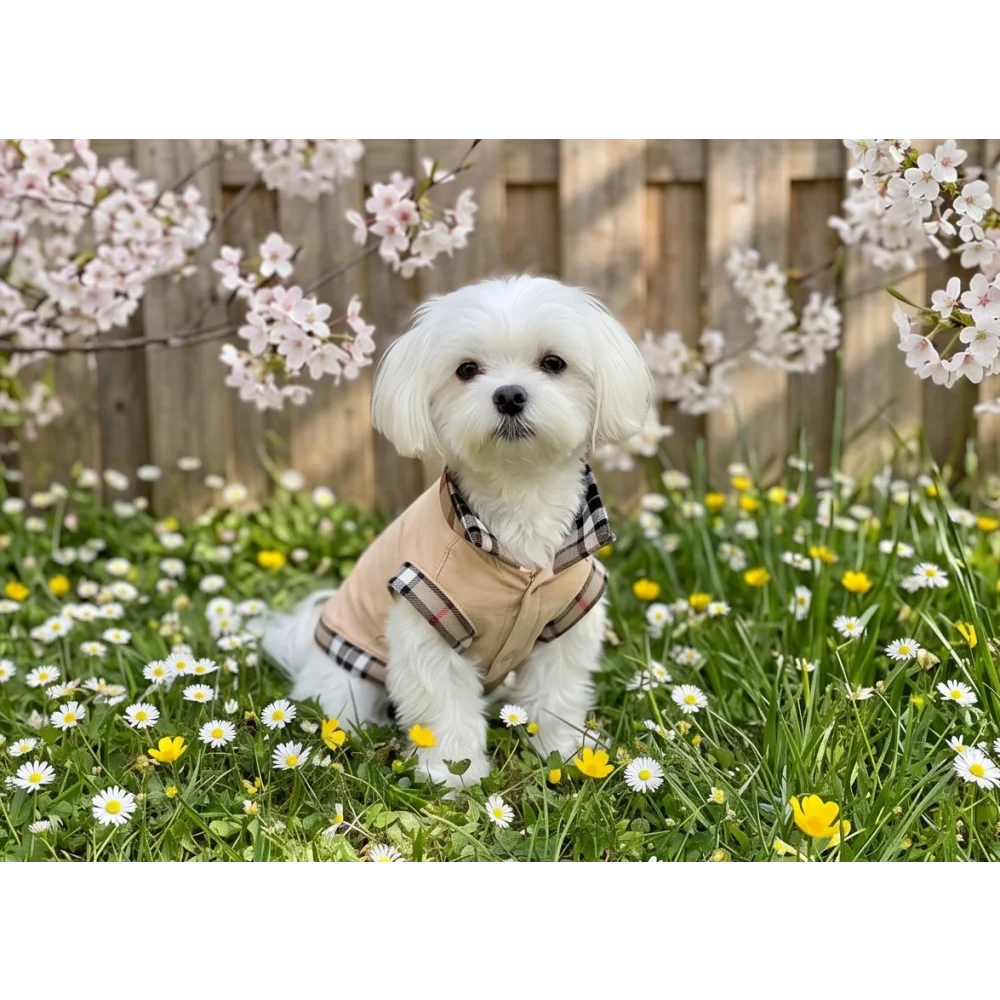 Biały maltese w beżowo czarnej kratowanej kamizelce polo classic inspirowany modą premium z bawełny i wełny
