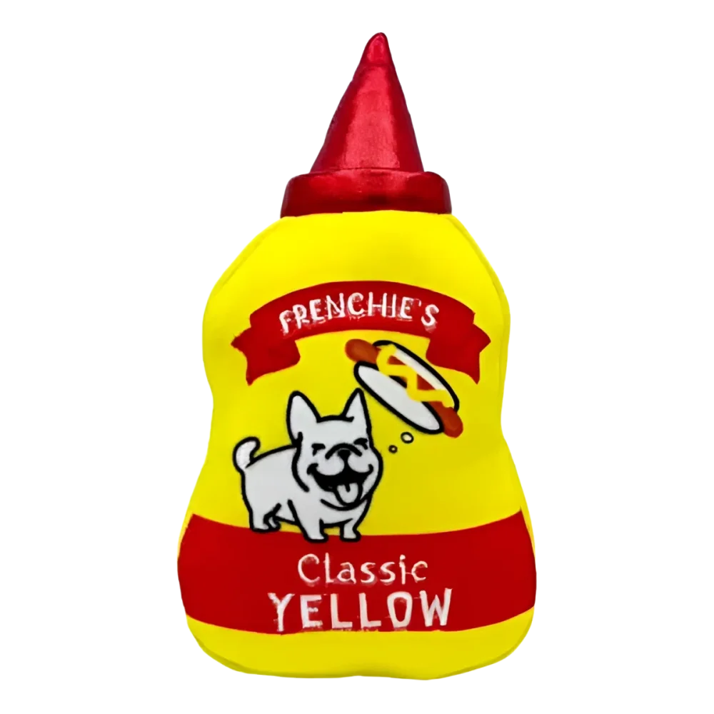 Żółta pluszowa zabawka w kształcie butelki musztardy z czerwoną nakrętką i wyszytym napisem ’frenchie’s classic yellow’ z rysunkowym psem.