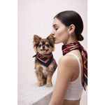 A maroon and navy blue silk scarf with gold chain detailing worn by a woman in the riviera set jedwabne apaszki dla psa