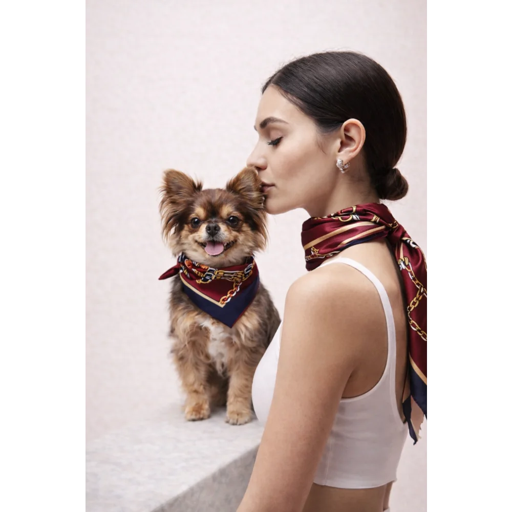 A maroon and navy blue silk scarf with gold chain detailing worn by a woman in the riviera set jedwabne apaszki dla psa