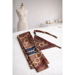 Brown silk scarf from riviera set with gold and navy blue chain-link pattern for psa in chocolate color jedwabne apaszki