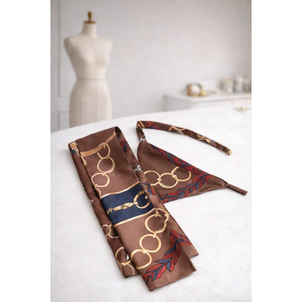 Brown silk scarf from riviera set with gold and navy blue chain-link pattern for psa in chocolate color jedwabne apaszki