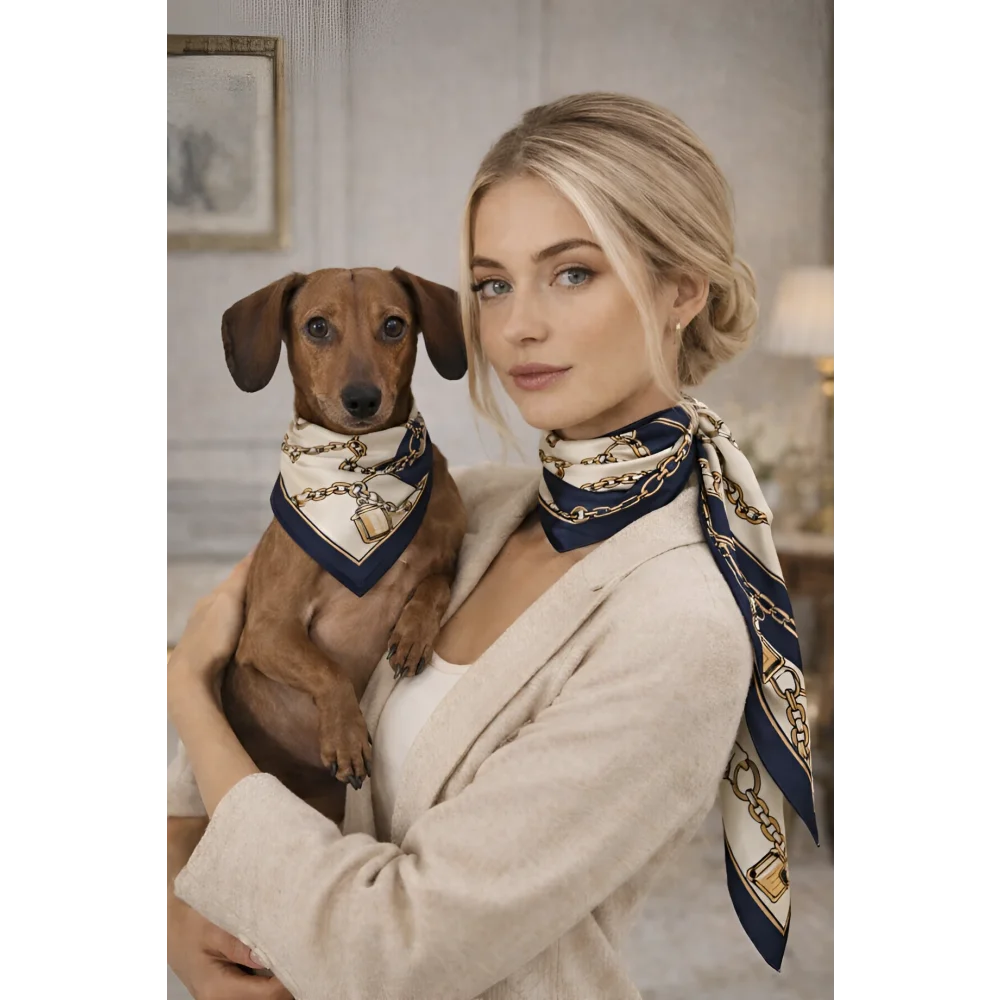Navy blue and cream silk scarf from riviera set featuring gold chain and lock motif for jedwabne apaszki dla psa and humans