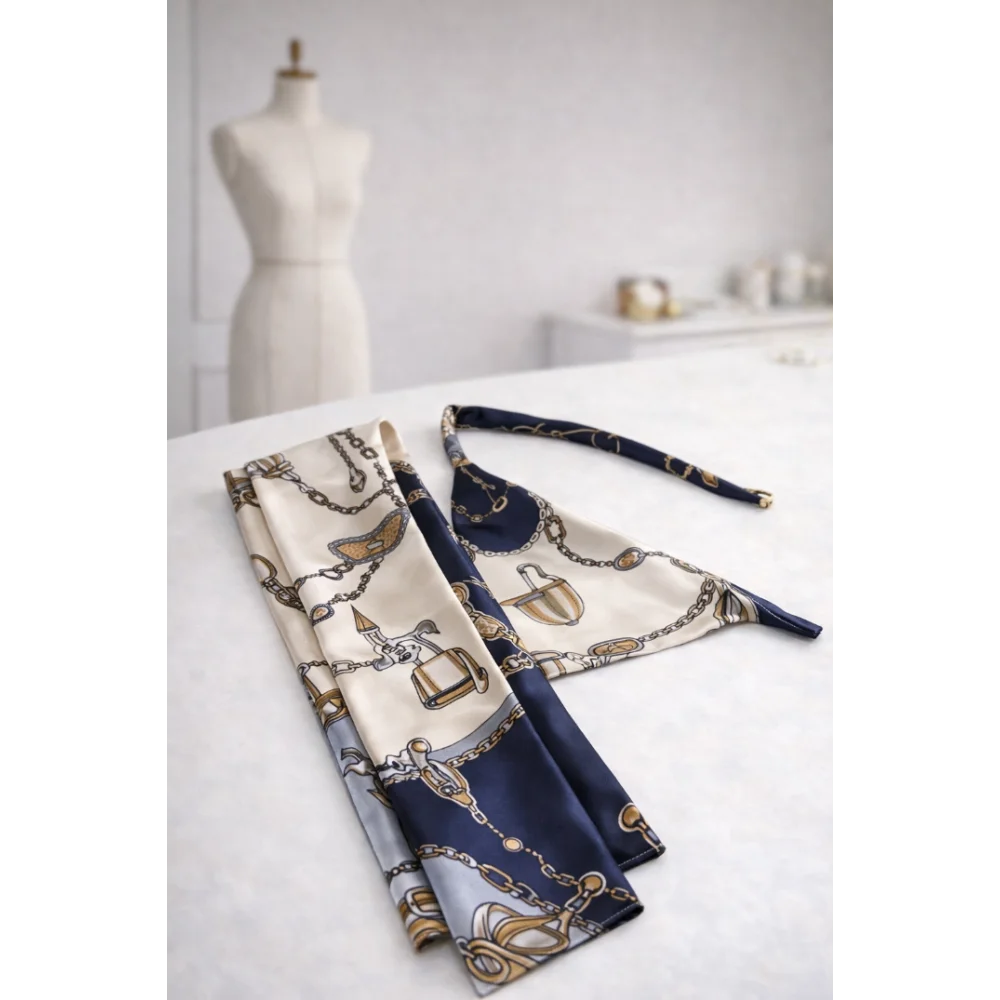A navy and cream silk riviera set featuring elegant gold chain-link and buckle patterns for jedwabne apaszki dla psa