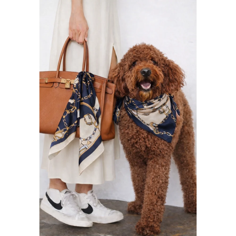 Brown leather handbag with gold hardware and navy blue silk riviera set scarf for psa featuring gold chain motifs