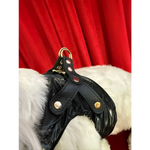 Black patent leather premium szelki dla psa with gold-toned hardware and red accents for adjustable obwód szyi