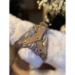 Silky paw premium szelki dla psa in shiny metallic gold with tan leather straps and brass hardware in szampański color