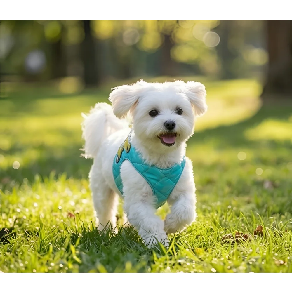 A fluffy white dog wearing a teal silky paw premium szelki dla psa with adjustable obwód szyi for comfort