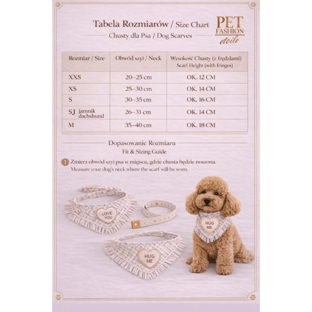 Cream-colored fringed dog scarf true love coco with heart-shaped patch hug me and matching red collar chusta true love