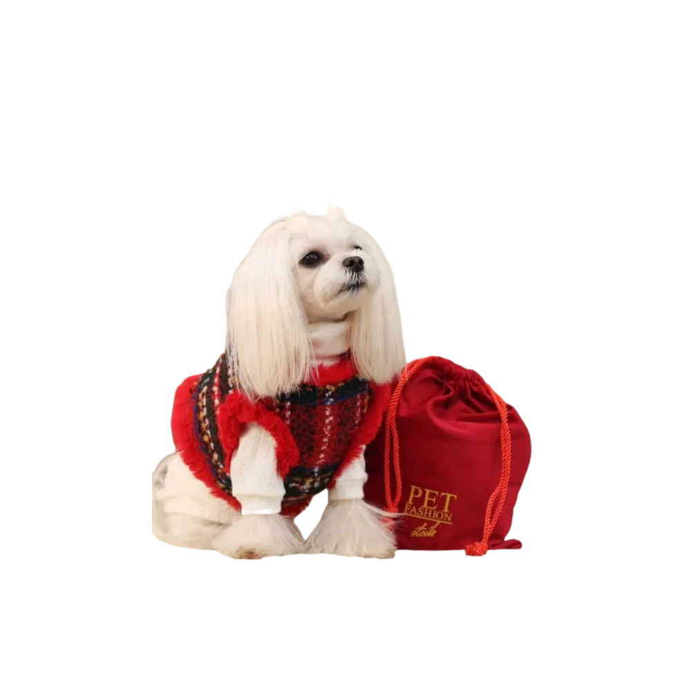 Red drawstring bag with gold pet fashion lettering and logo for sweterek z naturalnej wełny dla małych ras product