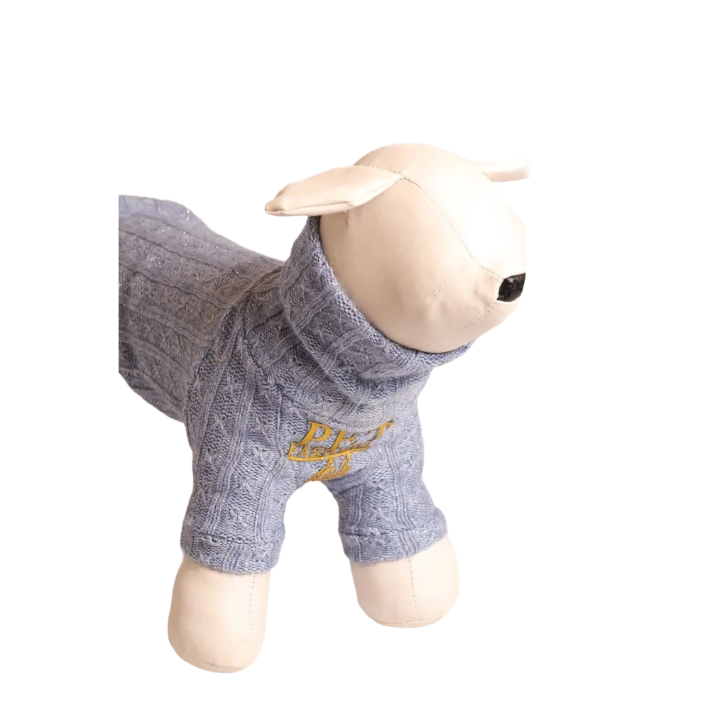 Blue knitted woolen pet sweater with a wywijany golf turtleneck and gold embroidery dla psa pet fashion etoile