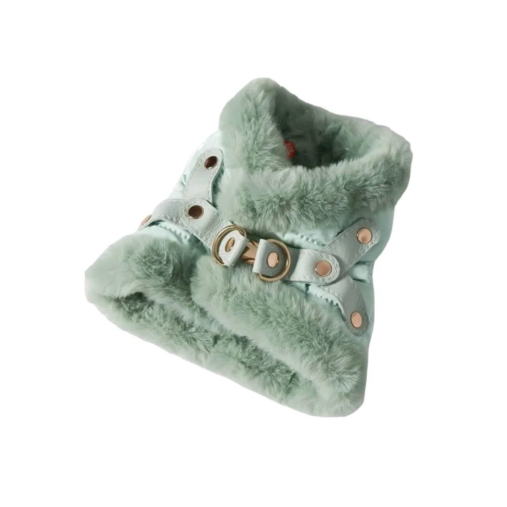 Szelki bezuciskowe dla psa z miękką futrzaną podszewką miętowe z najwyższej jakości okuciami 24k złoto