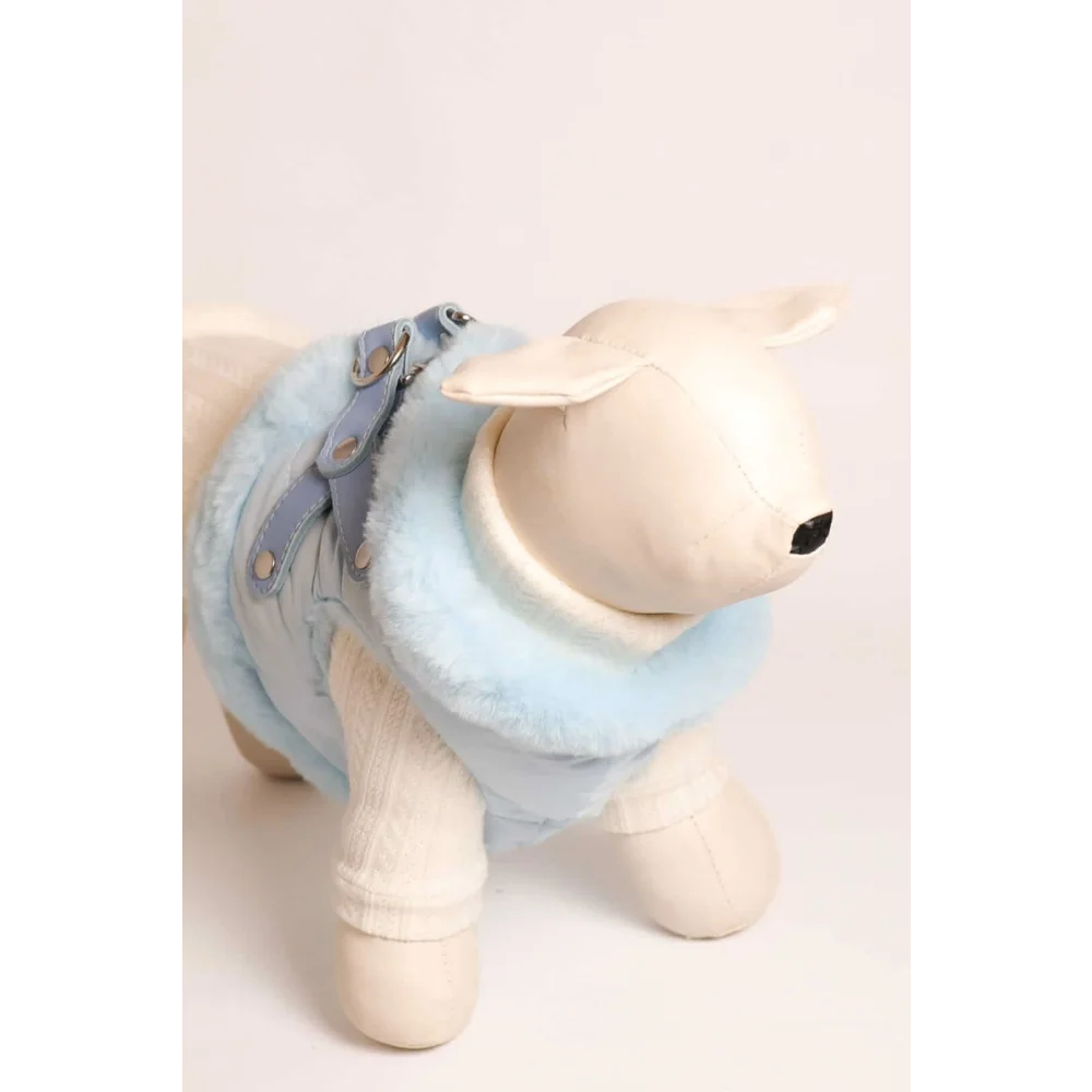 Light blue faux fur szelki bezuciskowe dog vest with adjustable denim straps and okucia pokryte 24k gold