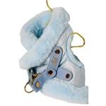Light blue szelki bezuciskowe dog harness with fur lining leather straps and okucia pokryte 24k gold hardware