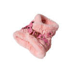 Pink faux fur-lined winter boot with pink leather straps and gold-tone hardware for warmth and style
