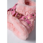 Pink faux fur-lined boot with pink leather straps and gold-tone hardware matching szelki bezuciskowe dla psa with miękka futrzana podszewka