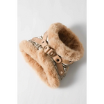 Tan faux fur-lined winter boot with metallic silver paneling and tan leather straps for dla psa collar obwód szyi adjustment