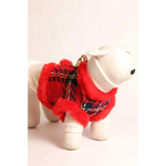 Red plaid dog coat with fluffy trim and gold hardware made of naturalnej wełny for small breeds use