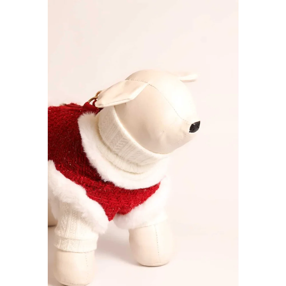 White plush dog accessory wearing red knitted sweterek z naturalnej wool next to szelki tweedowe z futerkiem