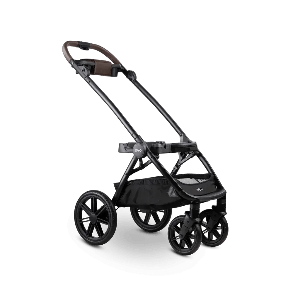 Czarny wózek True z eleganckim, nowoczesnym designem i brązowymi uchwytami z imitacji skóry.