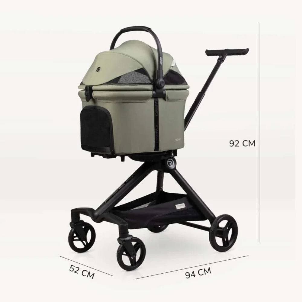 Olive’owy zielony i czarny wózek dla zwierząt z eleganckim, nowoczesnym designem, wyposażony w miękką materiałową osłonę i solidną metalową ramę.