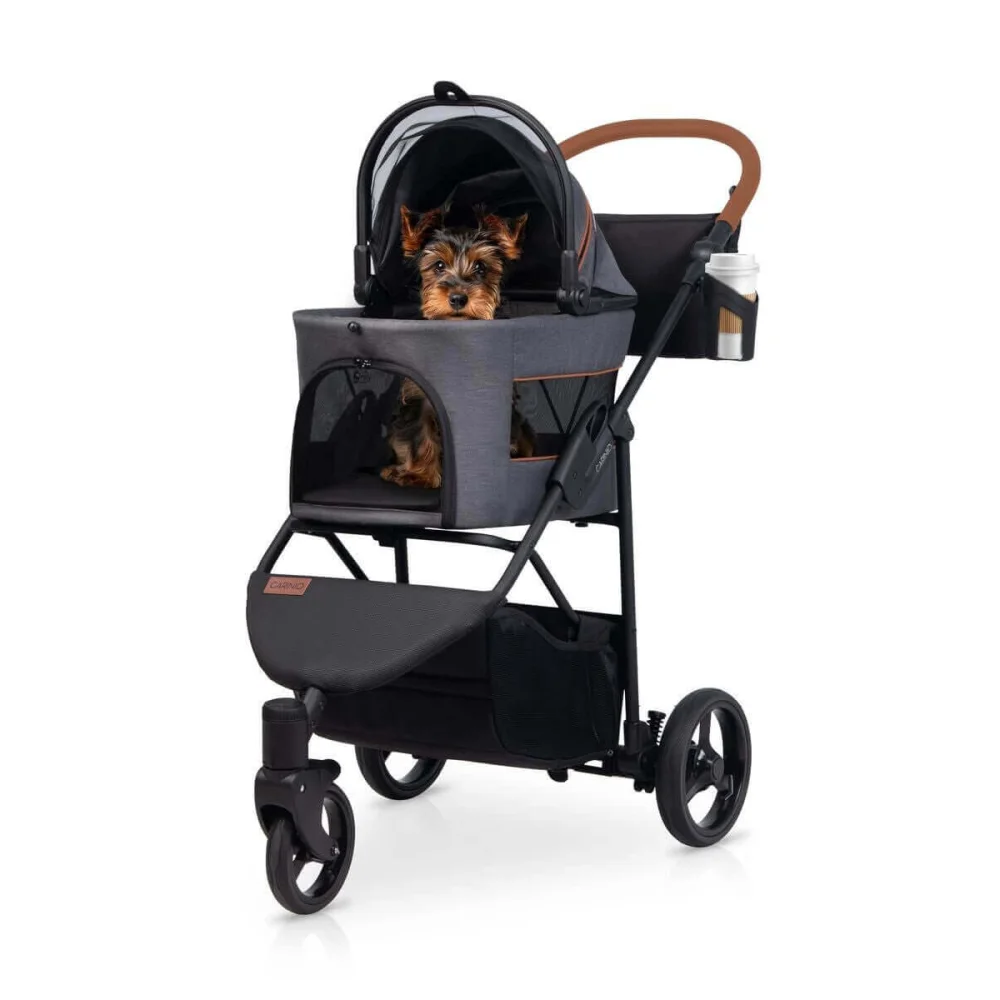 Czarna i brązowa spacerówka dla zwierząt z przezroczystym daszkiem, wyposażona w siatkowe boki dla wentylacji.