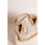 Beige tweed dog coat with plush fur trim and two front openings in zestaw 2w1 for naturalne ciepło and obwód klatki