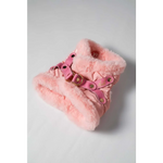 Pink faux fur-lined winter boot with pink leather straps and gold-tone buckles suitable for zestaw 2w1 obwód klatki and szyi measurements